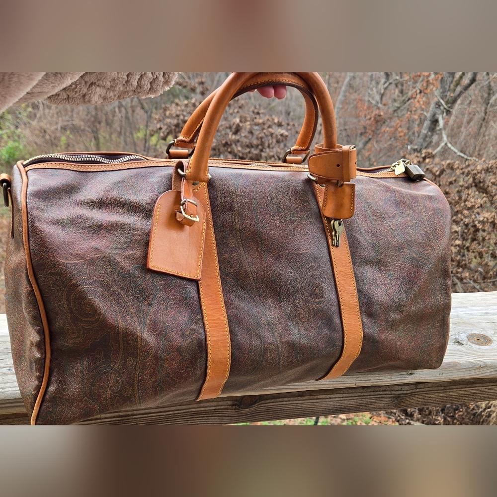 ETRO MILANO Paisley Coated Canvas Vachetta Leather Boston Travel Bag w/ COA